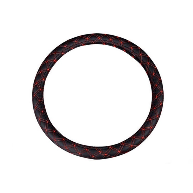 Jonscart 15inch Odorless Quilted Stitching Pattern Leather Car Steering Wheel Cover-Black with red - Image 3